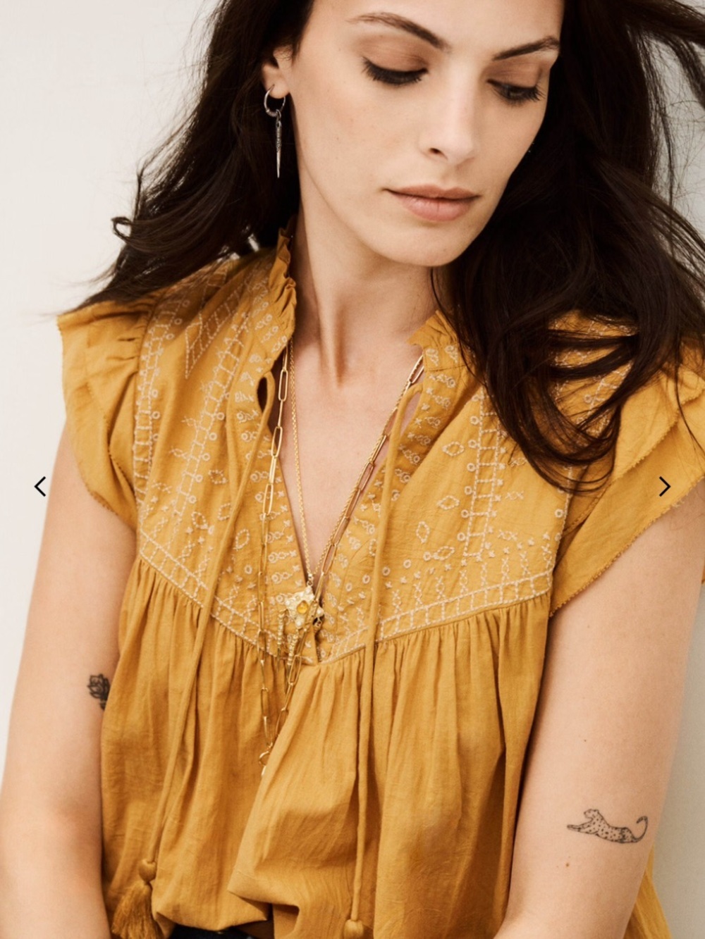 New Anthropologie by pinky Mustard Embroidered Tassel Flutter Top - Women size S